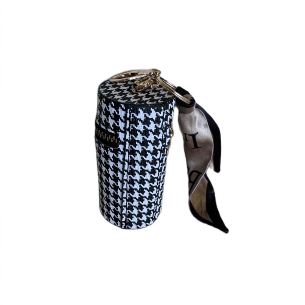 Black and White Bag Charm and Lipstic Holder Houndstooth Cylinder Bag - Picture 3 of 5